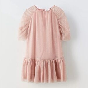 Zara Shimmering Pink Dress with Puff Sleeves
